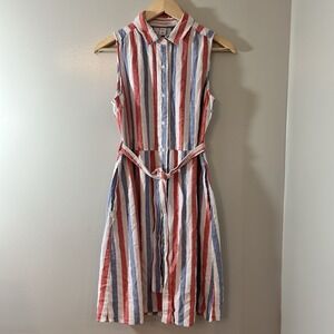 Old Navy Dress Women's Small Linen Blend Button Up Stripe Beach Coastal